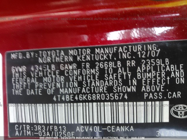 4T4BE46K68R035674 - 2008 TOYOTA CAMRY CE/LE/XLE/SE 红色 照片 9