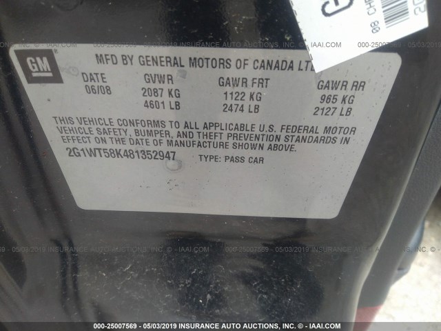 2G1WT58K481352947 - 2008 CHEVROLET IMPALA LT BLACK photo 9