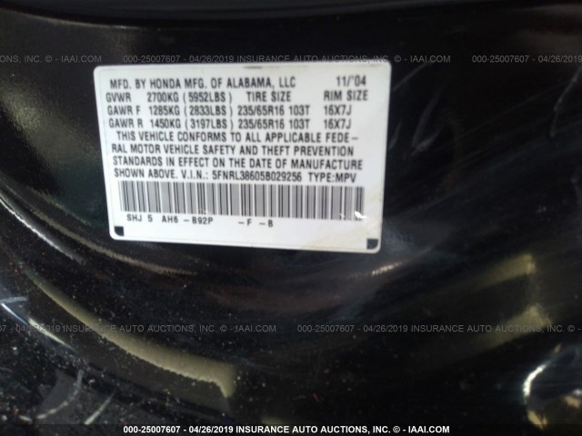 5FNRL38605B029256 - 2005 HONDA ODYSSEY EXL BLACK photo 9