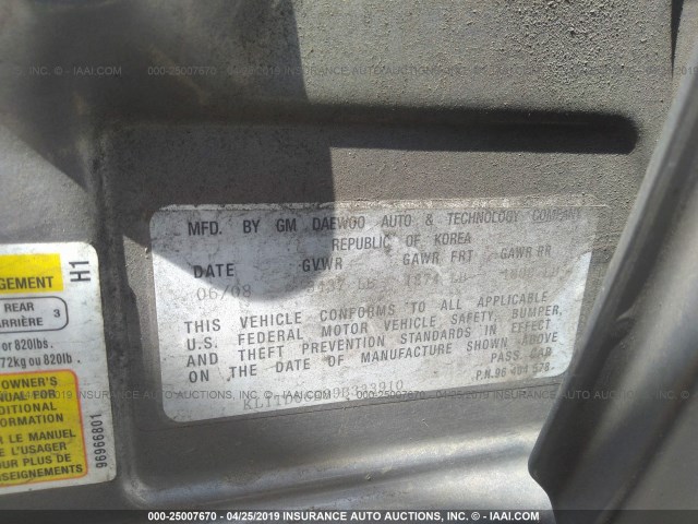 KL1TD66E39B333910 - 2009 CHEVROLET AVEO LS/LT Մոխրագույն լուսանկար 9