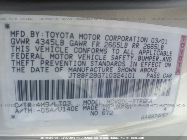 JT8BF28G710324101 - 2001 LEXUS ES 300 GOLD photo 9