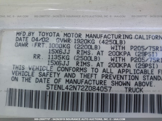 5TENL42N72Z084057 - 2002 TOYOTA TACOMA WHITE photo 9