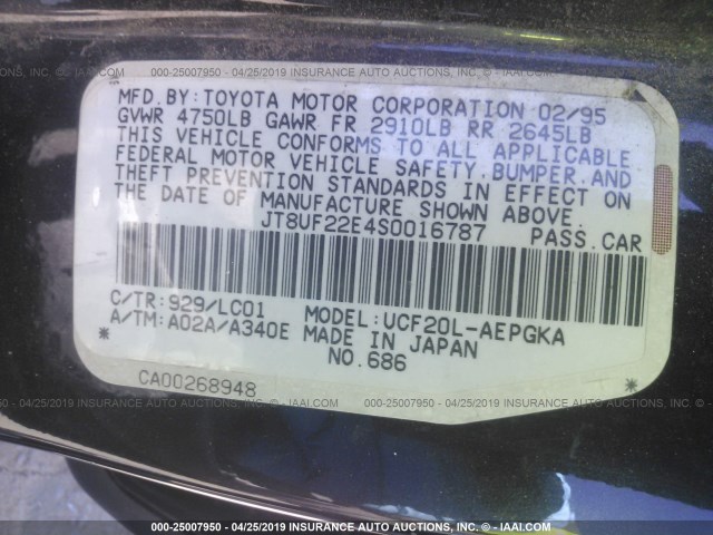 JT8UF22E4S0016787 - 1995 LEXUS LS 400 BLACK photo 9