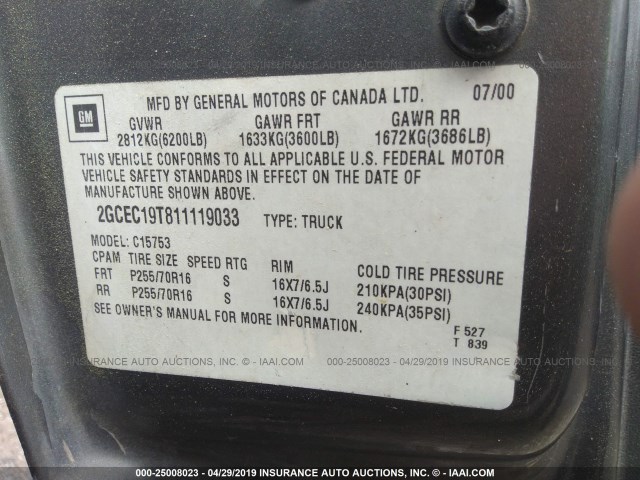 2GCEC19T811119033 - 2001 CHEVROLET SILVERADO C1500 GRAY photo 9