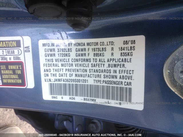 JHMFA36209S001201 - 2009 HONDA CIVIC HYBRID BLUE photo 9