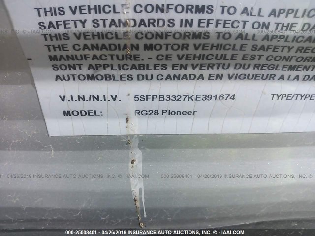 5SFPB3327KE391674 - 2019 HEARTLAND PIONR RG28  GRAY photo 9