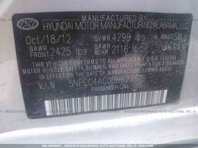 5NPEC4AC0DH627576 - 2013 HYUNDAI SONATA SE/LIMITED SILVER photo 9