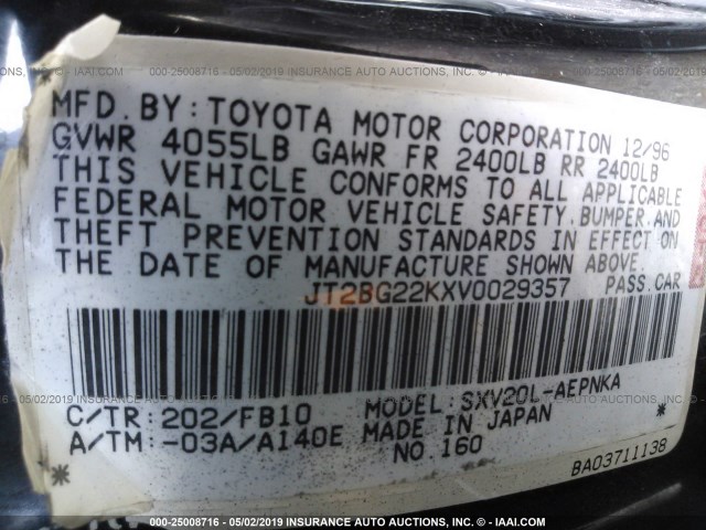 JT2BG22KXV0029357 - 1997 TOYOTA CAMRY LE/XLE BLACK photo 9
