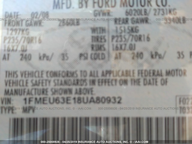 1FMEU63E18UA80932 - 2008 FORD EXPLORER XLT GRAY photo 9