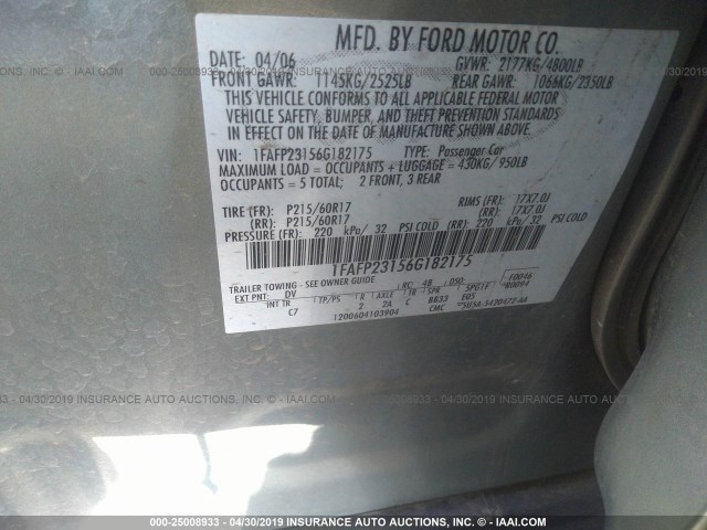 1FAFP23156G182175 - 2006 FORD FIVE HUNDRED SE Light Blue photo 9