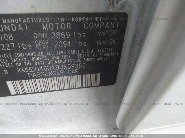 KMHDU46DX9U659356 - 2009 HYUNDAI ELANTRA GLS/SE WHITE photo 9