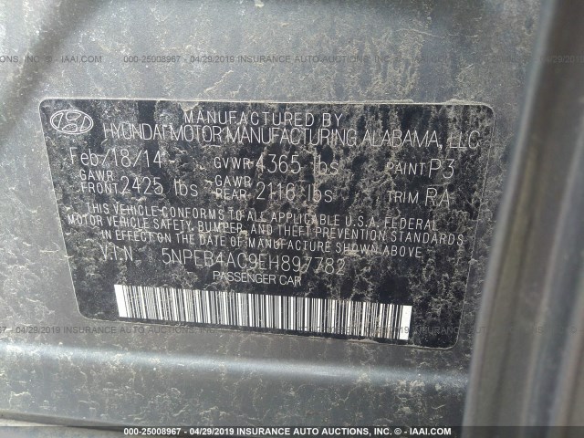 5NPEB4AC9EH897782 - 2014 HYUNDAI SONATA GLS GRAY photo 9