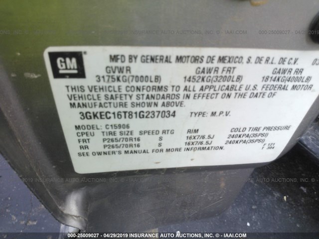 3GKEC16T81G237034 - 2001 GMC YUKON XL C1500 SILVER photo 9