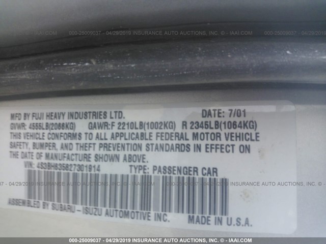 4S3BH635827301914 - 2002 SUBARU LEGACY L SILVER photo 9