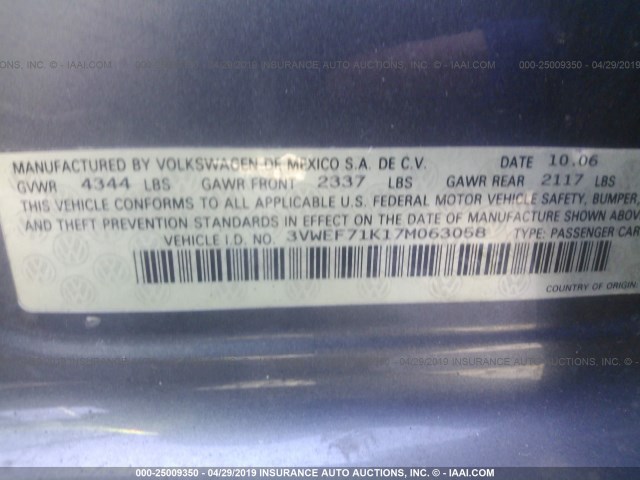 3VWEF71K17M063058 - 2007 VOLKSWAGEN JETTA WOLFSBURG 灰色 照片 9