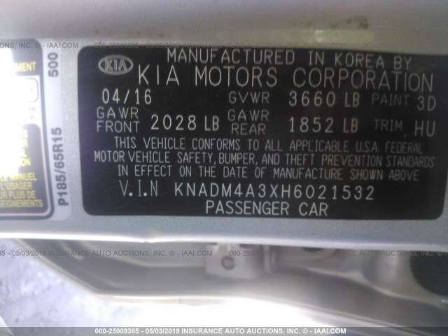 KNADM4A3XH6021532 - 2017 KIA RIO LX GRAY photo 9