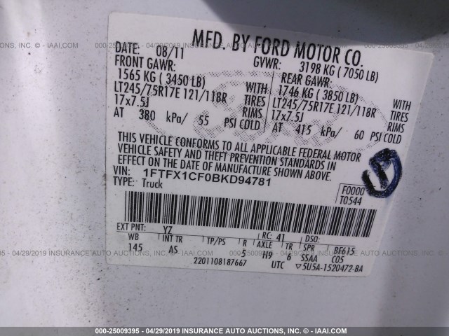 1FTFX1CF0BKD94781 - 2011 FORD F150 SUPER CAB WHITE photo 9