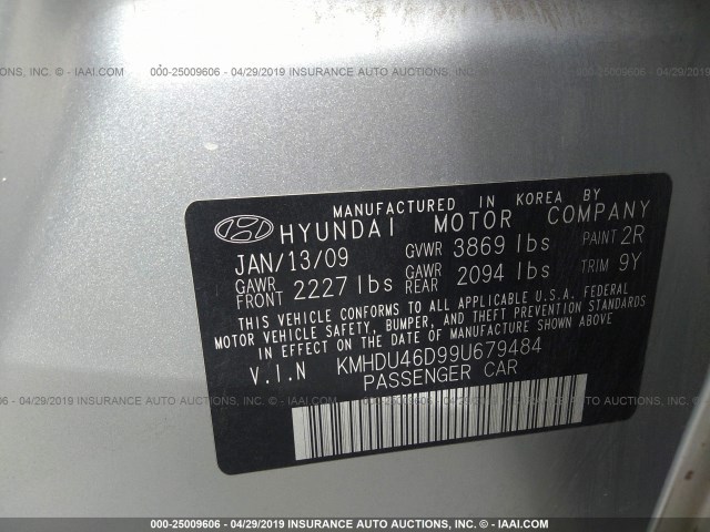 KMHDU46D99U679484 - 2009 HYUNDAI ELANTRA GLS/SE SILVER photo 9