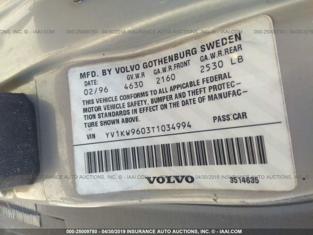 YV1KW9603T1034994 - 1996 VOLVO 960 GRAY photo 9