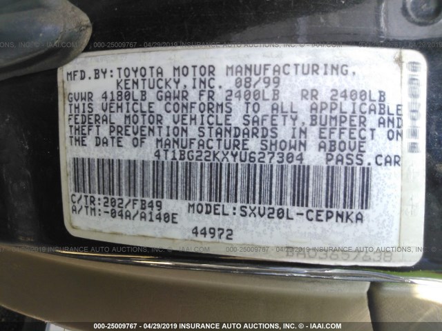 4T1BG22KXYU627304 - 2000 TOYOTA CAMRY CE/LE/XLE BLACK photo 9