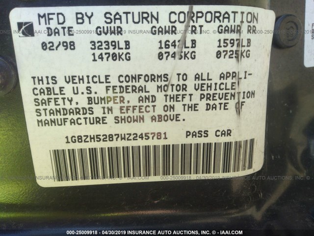 1G8ZH5287WZ245781 - 1998 SATURN SL1 PURPLE photo 9