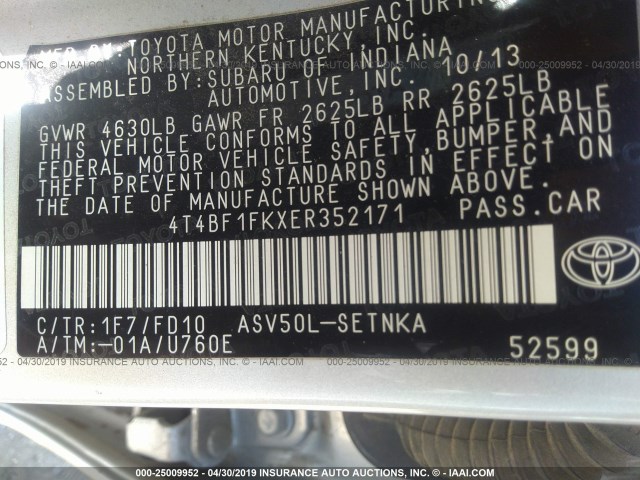 4T4BF1FKXER352171 - 2014 TOYOTA CAMRY L/SE/LE/XLE 银色 照片 9