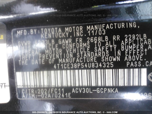 4T1CE38P54U834325 - 2004 TOYOTA CAMRY SOLARA SE/SLE BLACK photo 9