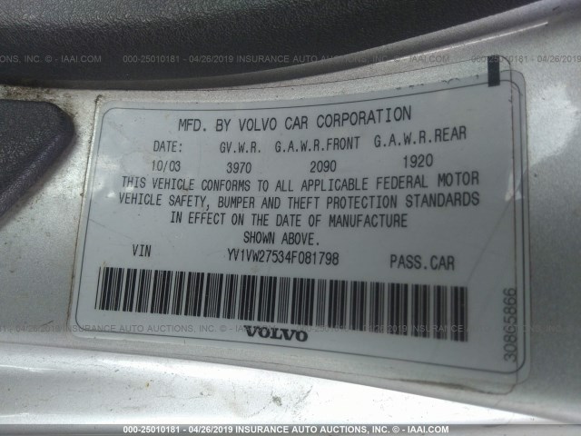 YV1VW27534F081798 - 2004 VOLVO V40 1.9T SILVER photo 9