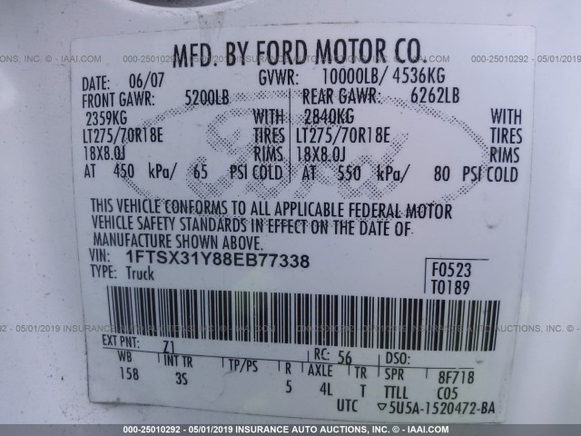 1FTSX31Y88EB77338 - 2008 FORD F350 SRW SUPER DUTY WHITE photo 9