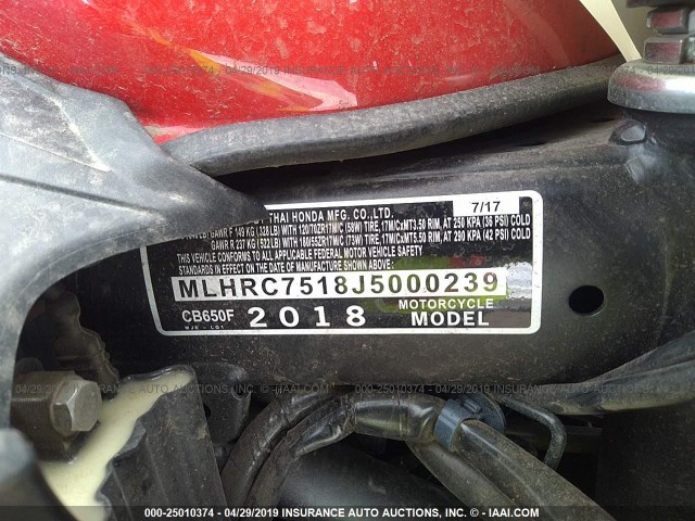 MLHRC7518J5000239 - 2018 HONDA CB650 F RED photo 10