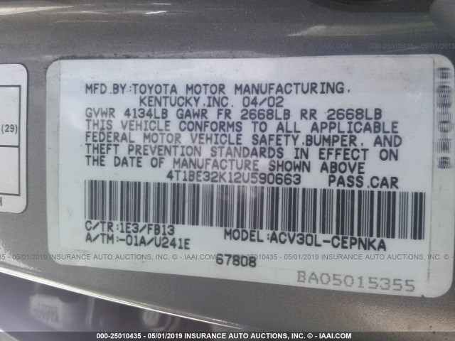 4T1BE32K12U590663 - 2002 TOYOTA CAMRY LE/XLE/SE GRAY photo 9