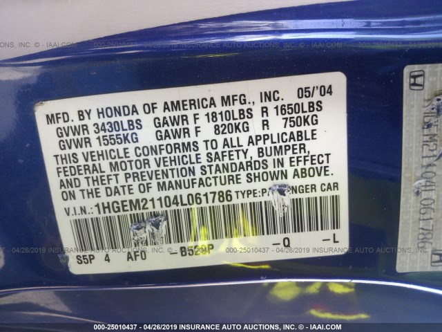 1HGEM21104L061786 - 2004 HONDA CIVIC DX VP 蓝色 照片 9