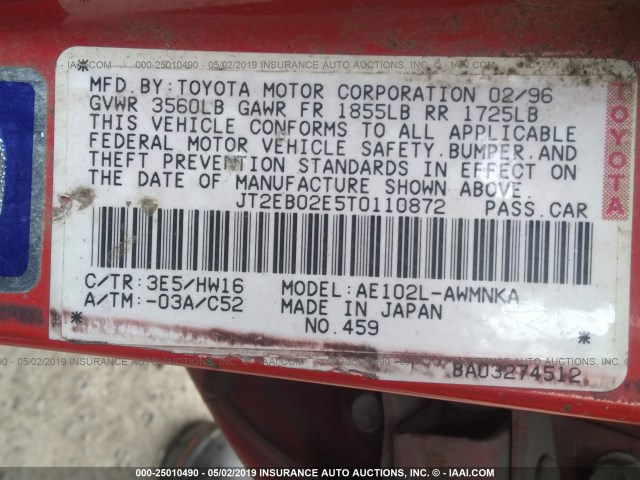 JT2EB02E5T0110872 - 1996 TOYOTA COROLLA DX RED photo 9