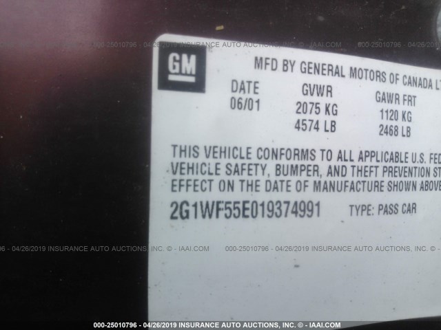 2G1WF55E019374991 - 2001 CHEVROLET IMPALA RED photo 9