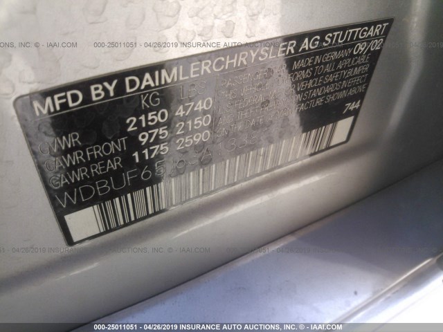 WDBUF65J63A133816 - 2003 MERCEDES-BENZ E 320 SILVER photo 9