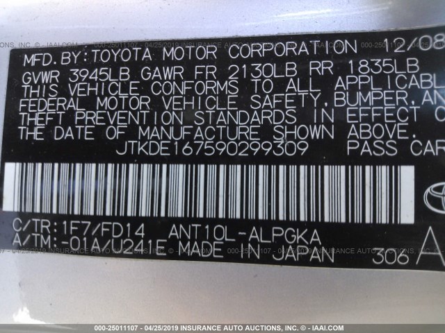 JTKDE167590299309 - 2009 TOYOTA SCION TC SILVER photo 9