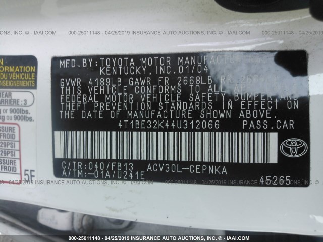 4T1BE32K44U312066 - 2004 TOYOTA CAMRY LE/XLE/SE WHITE photo 9