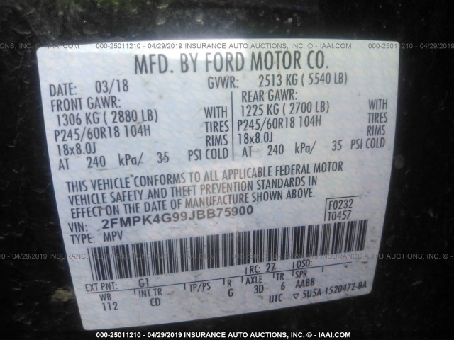 2FMPK4G99JBB75900 - 2018 FORD EDGE SE BLACK photo 9