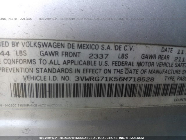 3VWRG71K56M718528 - 2006 VOLKSWAGEN JETTA 2.5 SILVER photo 9