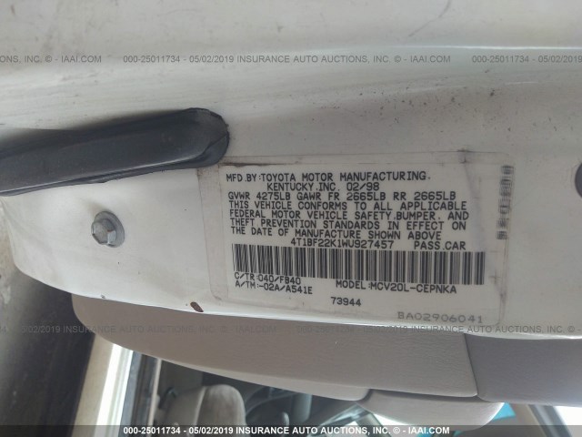 4T1BF22K1WU927457 - 1998 TOYOTA CAMRY CE/LE/XLE WHITE photo 9