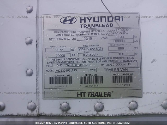 3H3V532CXGT338019 - 2016 HYUNDAI STEEL INDUSTRIES VAN  Անհայտ լուսանկար 9