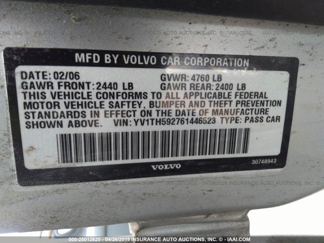 YV1TH592761446523 - 2006 VOLVO S80 2.5T SILVER photo 9