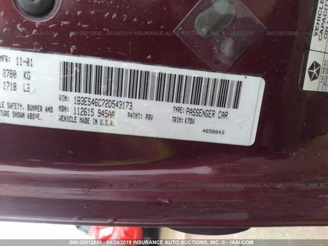 1B3ES46C72D543173 - 2002 DODGE NEON SE MAROON photo 9