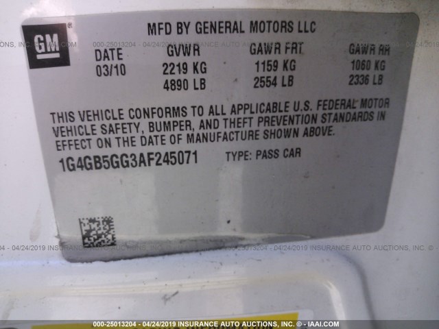 1G4GB5GG3AF245071 - 2010 BUICK LACROSSE CX WHITE photo 9