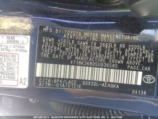 4T1BK36B05U036585 - 2005 TOYOTA AVALON XL/XLS/TOURING/LIMITED BLUE photo 9