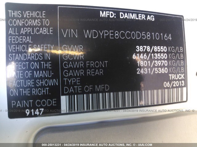WDYPE8CC0D5810164 - 2013 FREIGHTLINER Sprinter 2500 WHITE photo 9