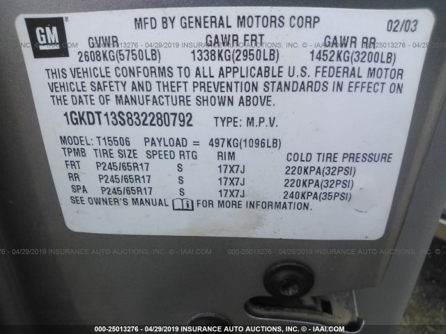 1GKDT13S832280792 - 2003 GMC ENVOY SILVER photo 9