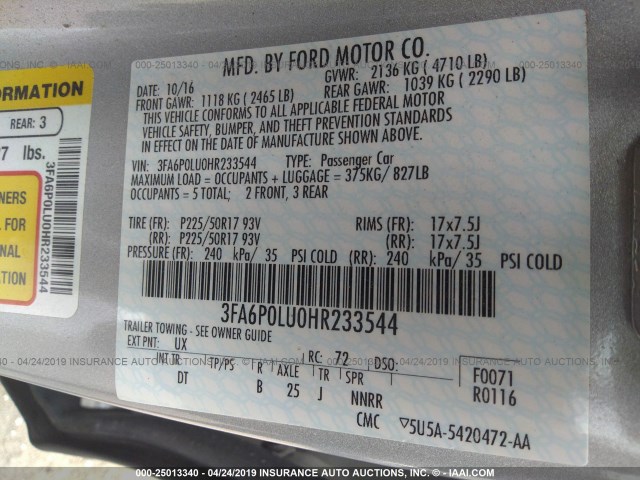 3FA6P0LU0HR233544 - 2017 FORD FUSION SE HYBRID SILVER photo 9