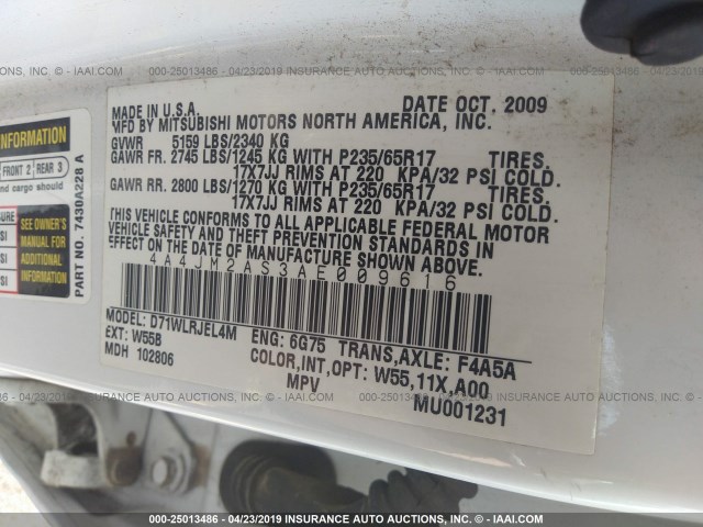 4A4JM2AS3AE009616 - 2010 MITSUBISHI ENDEAVOR LS WHITE photo 9