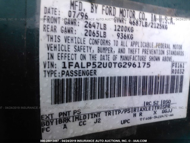 1FALP52U0TG296175 - 1996 FORD TAURUS GL GREEN photo 9